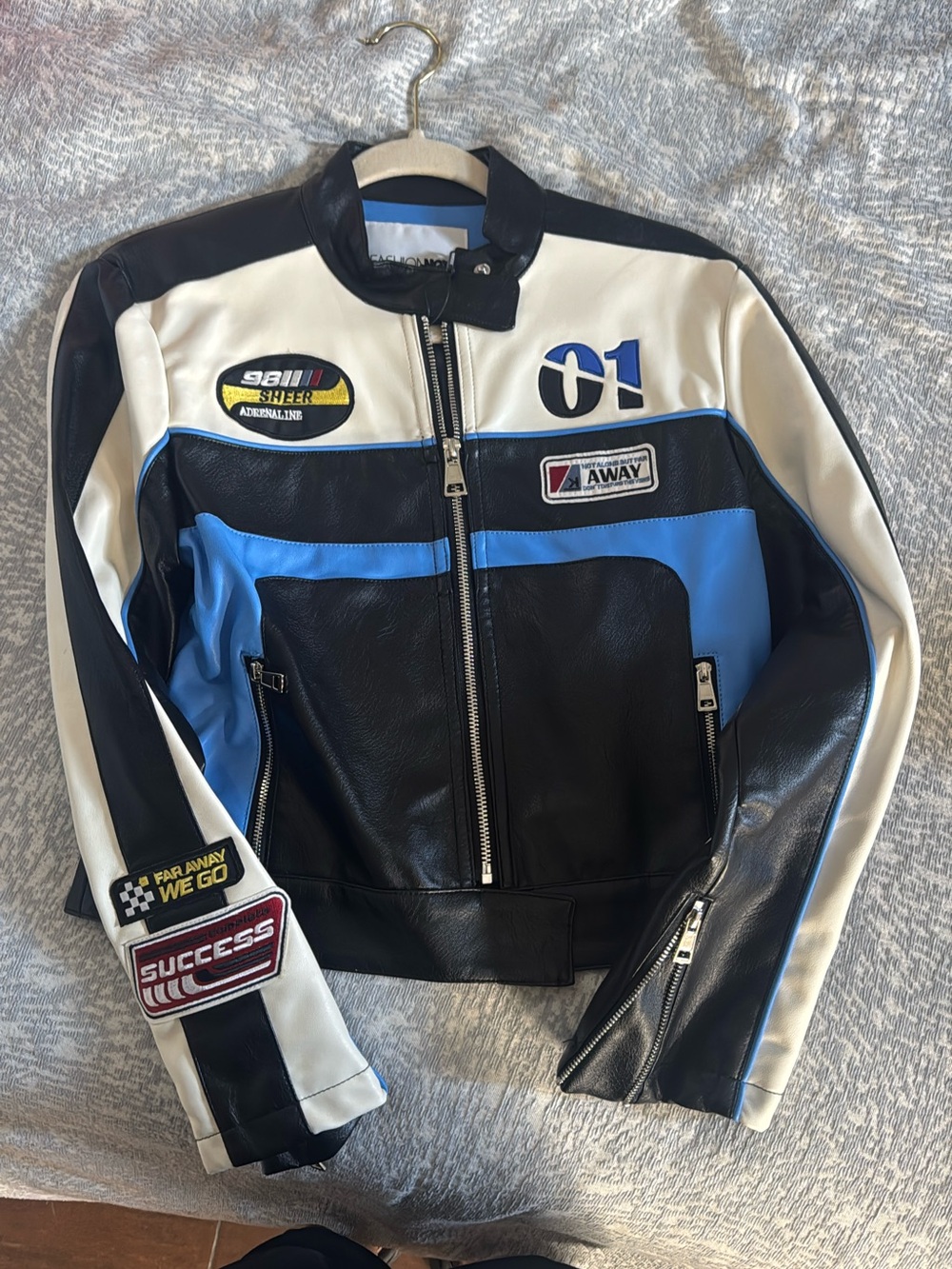 Women’s Black & Blue Racing Leather Jacket with White Accents